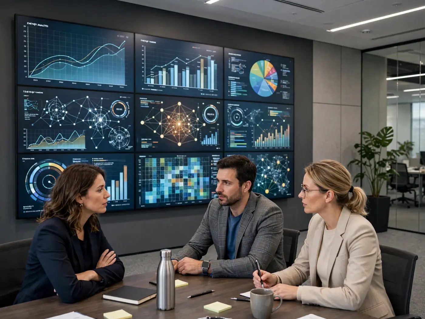 Analistas energéticos en sala de reuniones con panel de datos en la pared