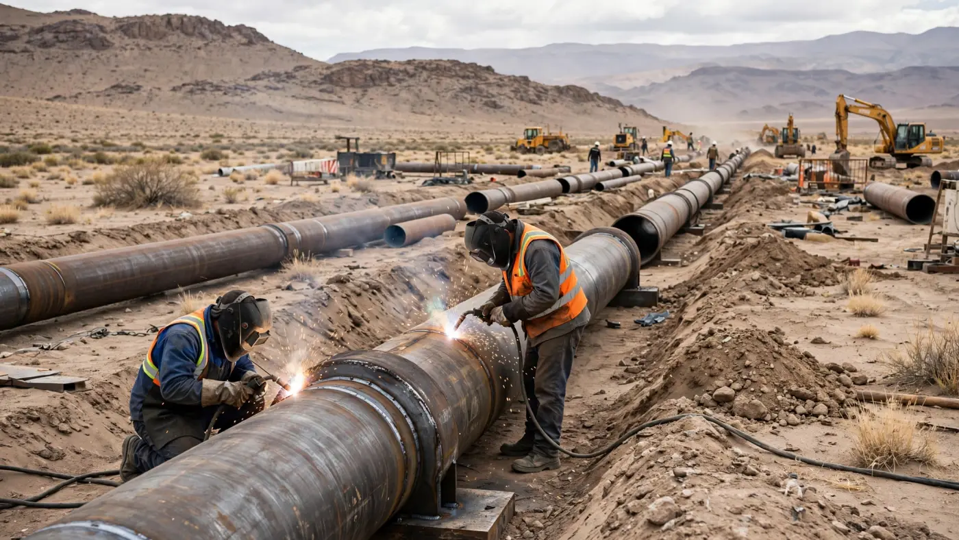 Construcción de gasoducto desde Vaca Muerta con soldadores trabajando