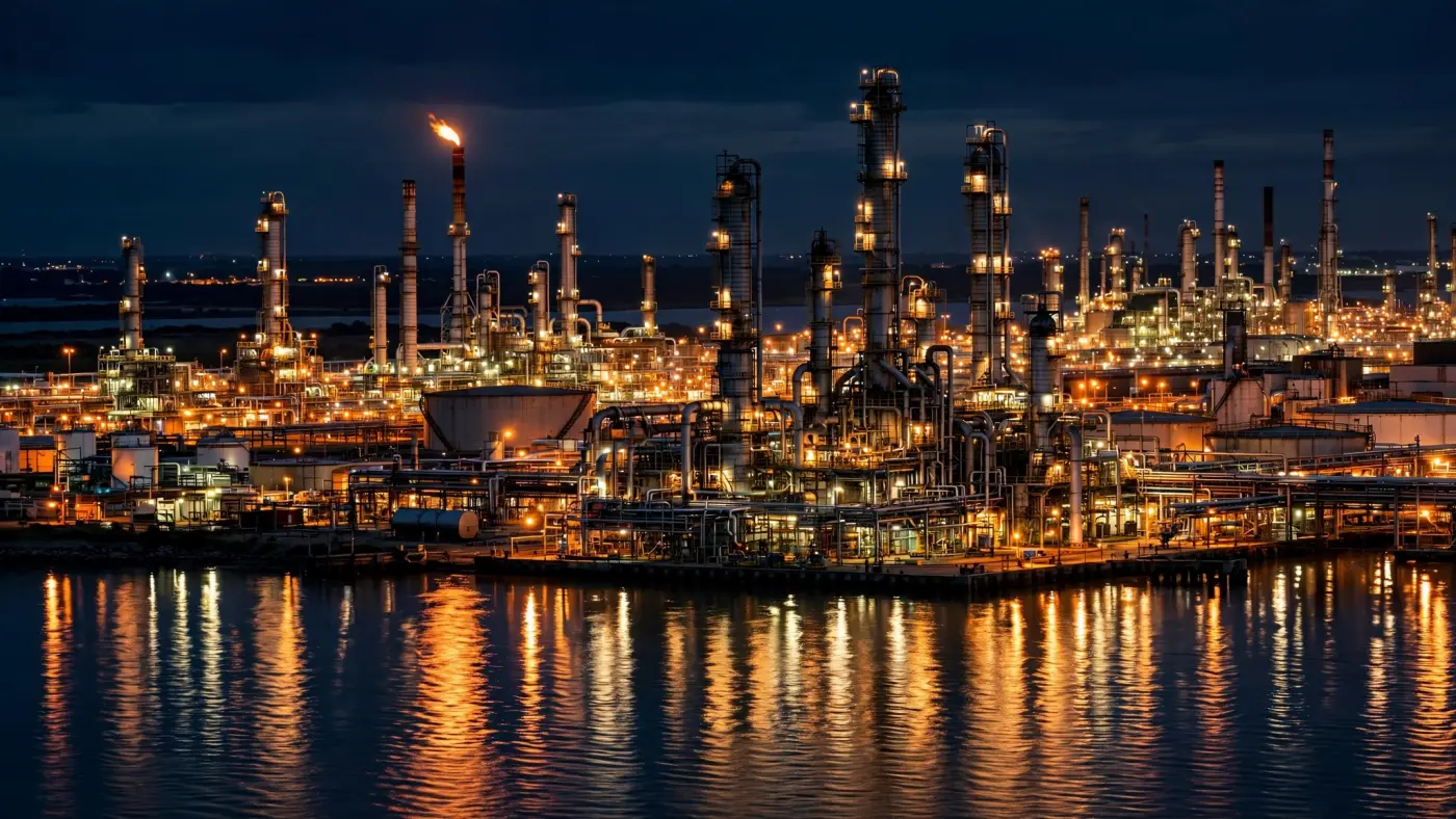Torres de refinería iluminadas de noche en la provincia de Buenos Aires