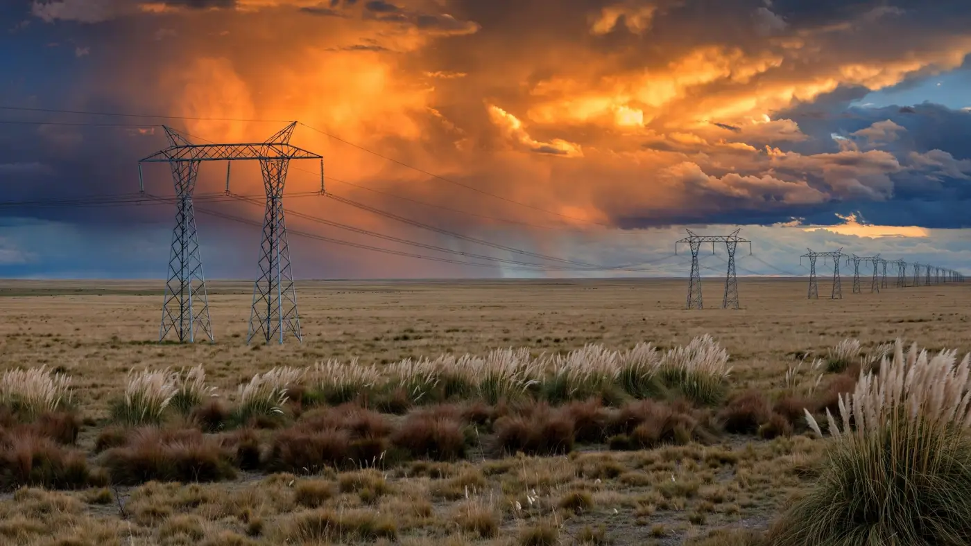Líneas de alta tensión cruzando la llanura pampeana al atardecer